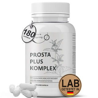 Prosta Plus Komplex - 180 Prostata Kapseln hochdosiert - einzigartige Formel aus Kürbiskern-, Sägepalmen-, Brennnesselwurzelextrakt mit Zink, Vitamin E & Selen - geprüfte Prostata Komplex Kapseln Nature spring®