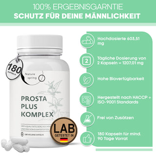 Prosta Plus Komplex - 180 Prostata Kapseln hochdosiert - einzigartige Formel aus Kürbiskern-, Sägepalmen-, Brennnesselwurzelextrakt mit Zink, Vitamin E & Selen - geprüfte Prostata Komplex Kapseln Nature spring®