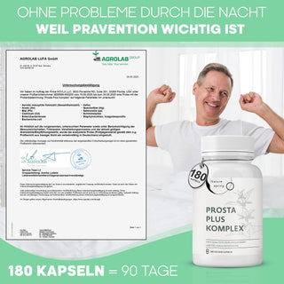 Prosta Plus Komplex - 180 Prostata Kapseln hochdosiert - einzigartige Formel aus Kürbiskern-, Sägepalmen-, Brennnesselwurzelextrakt mit Zink, Vitamin E & Selen - geprüfte Prostata Komplex Kapseln Nature spring®